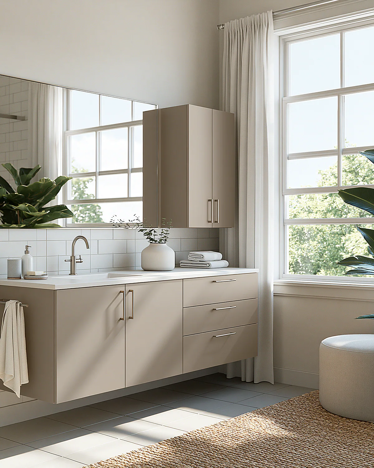 A champagne framed aluminum bathroom vanity, shown as an associated cabinet detail