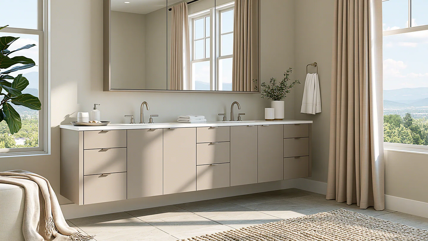 A champagne framed aluminum bathroom vanity, shown as a wide room view