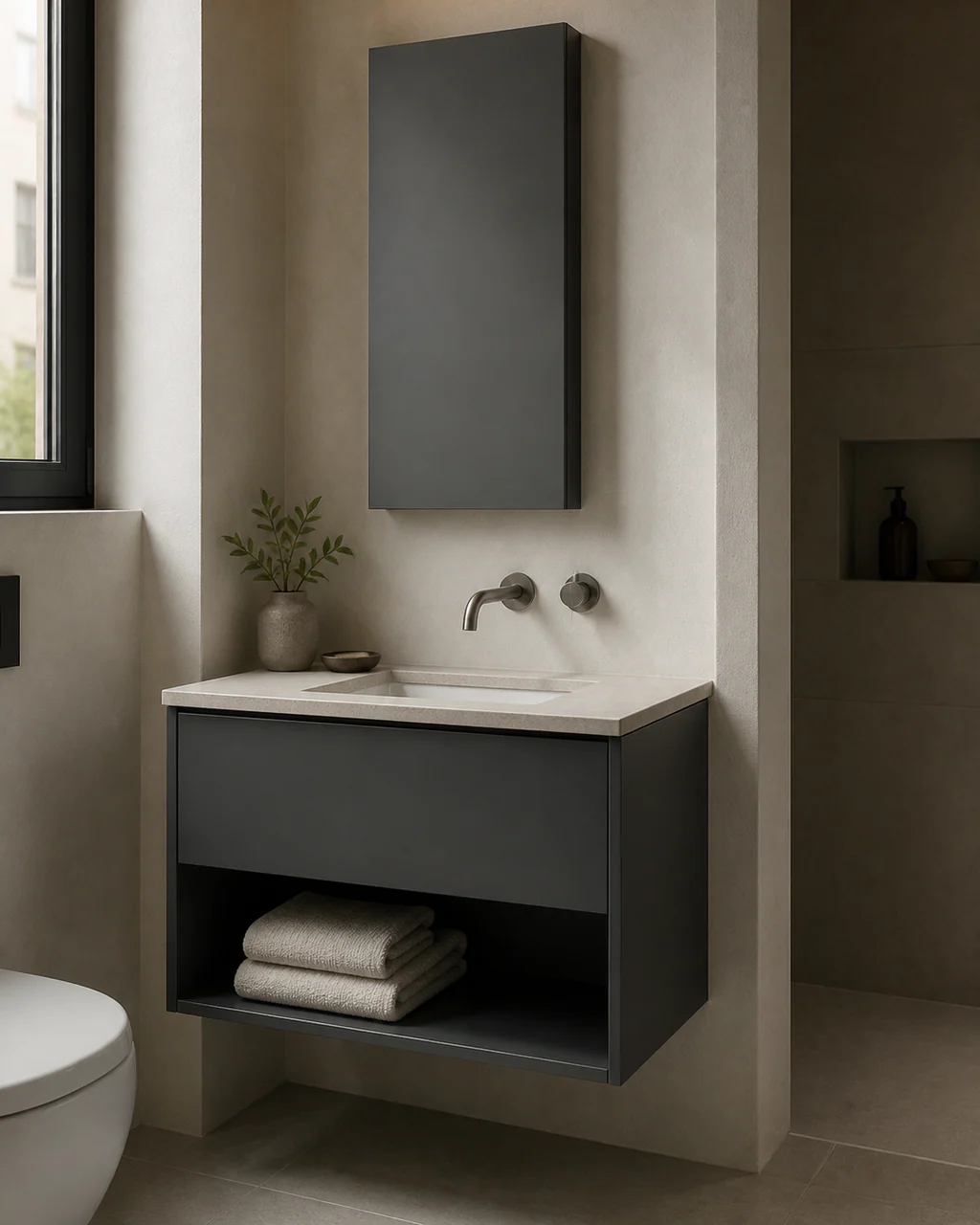 Charcoal powder coated aluminum floating vanity with a wide drawer and open towel shelf
