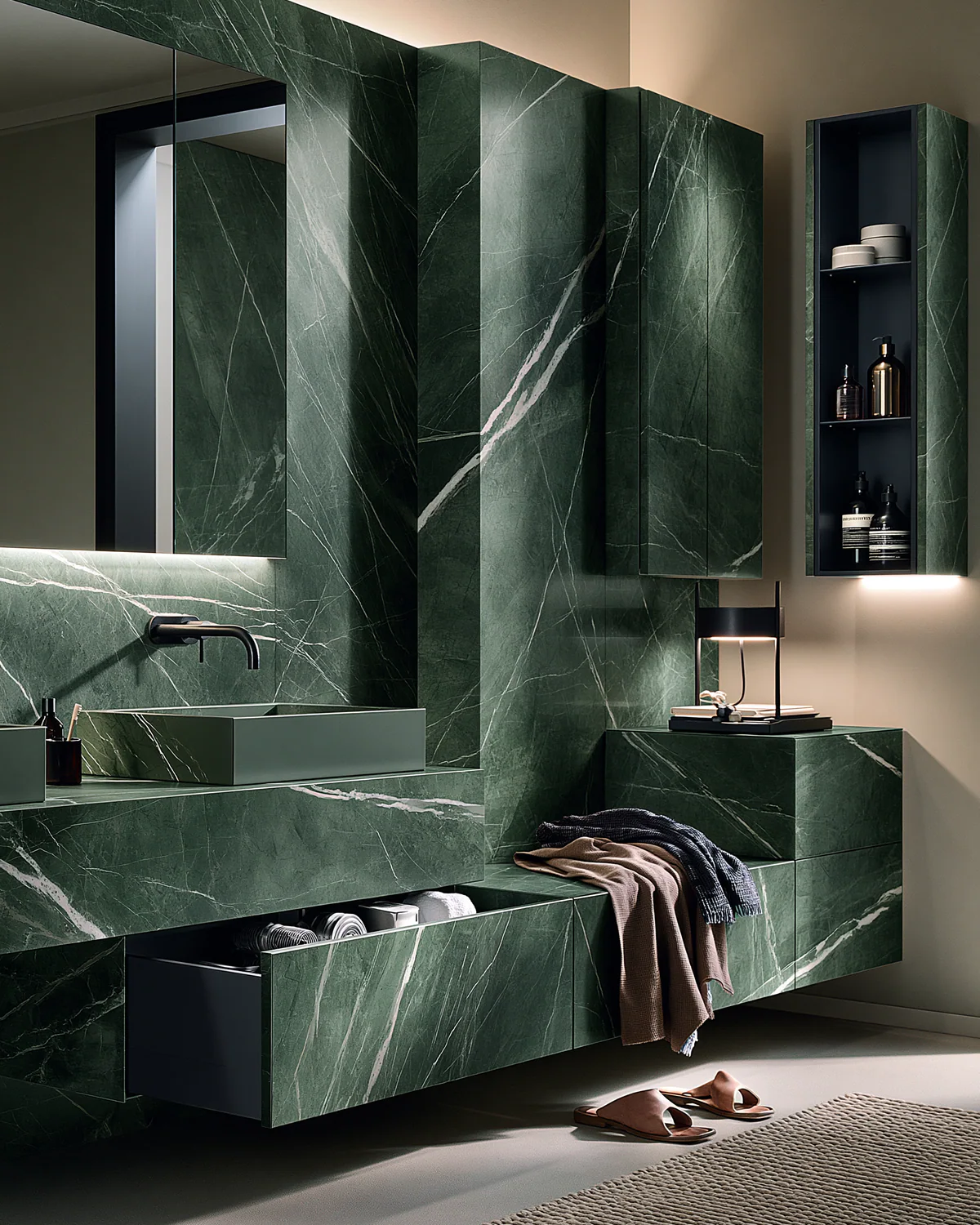 A deep green sintered stone powder room vanity, shown as an associated cabinet detail