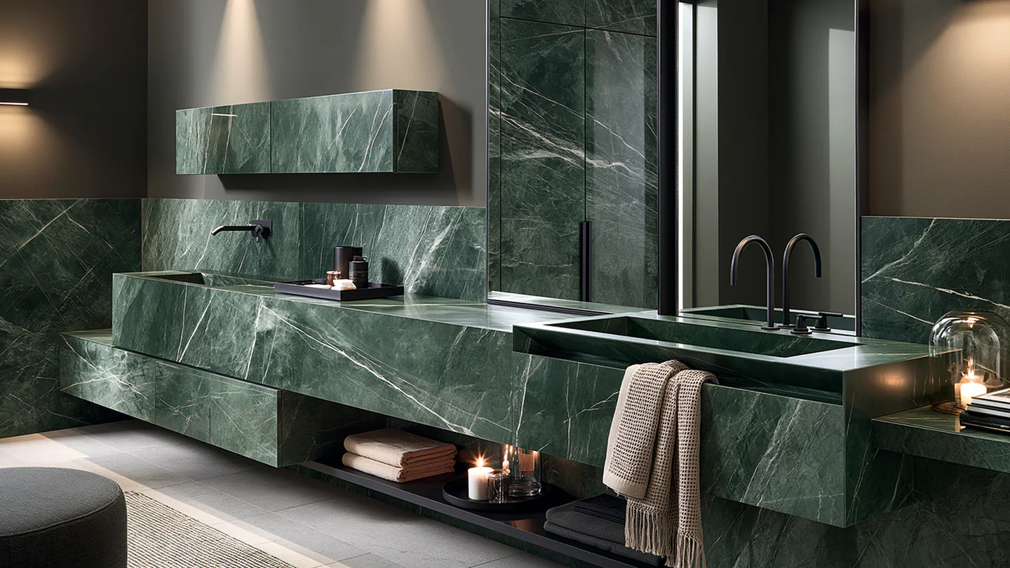 A deep green sintered stone powder room vanity, shown as a wide room view