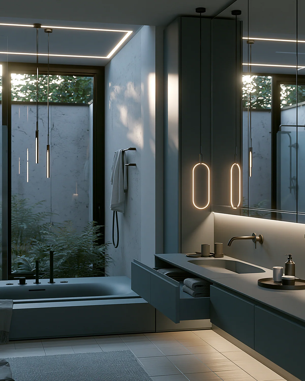 A grey mineral sintered stone spa vanity, shown as an associated cabinet detail