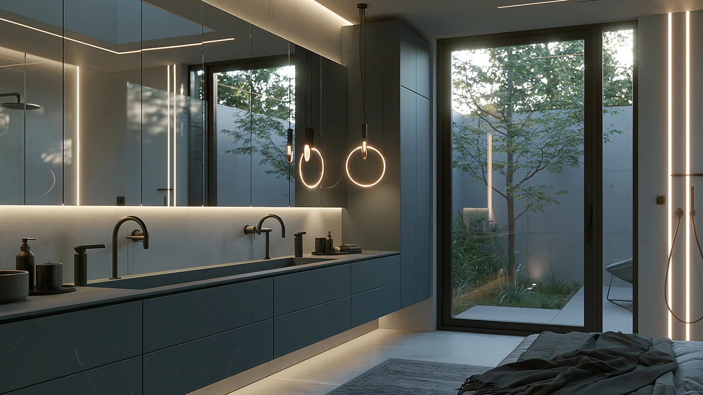 A grey mineral sintered stone spa vanity, shown as a wide room view