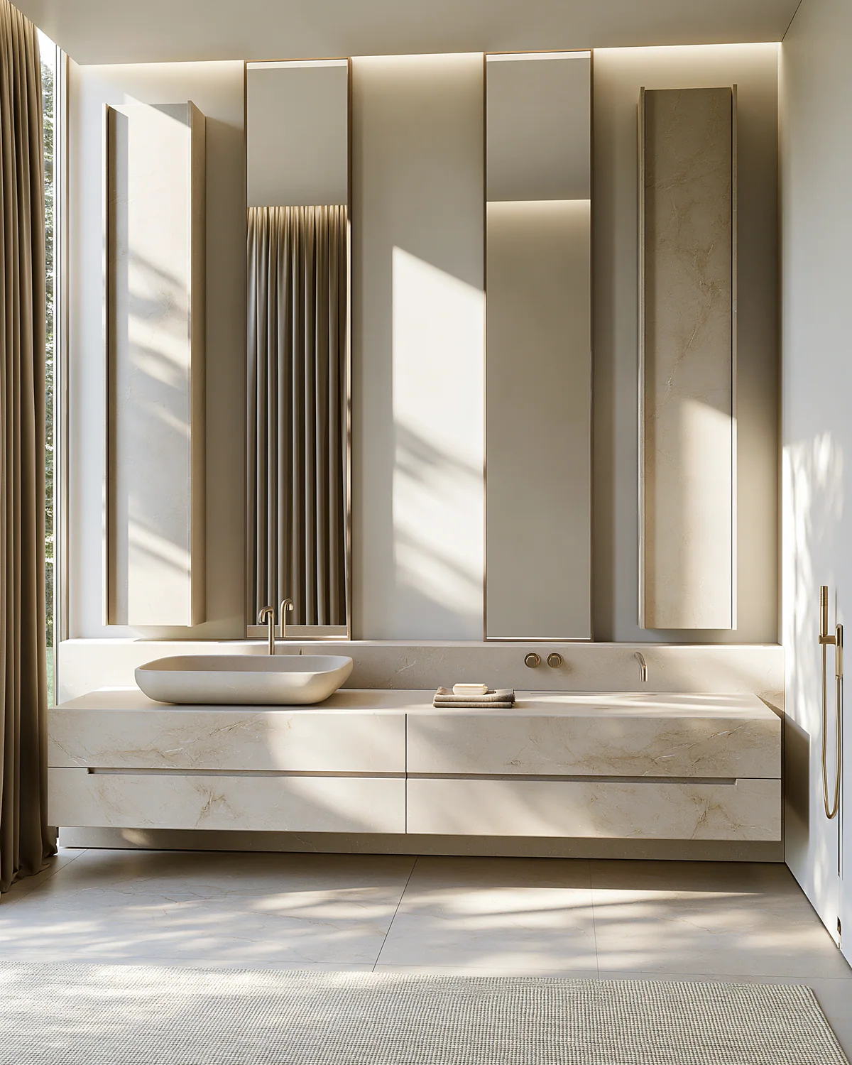 A warm ivory floating sintered stone bathroom vanity, shown as an associated cabinet detail