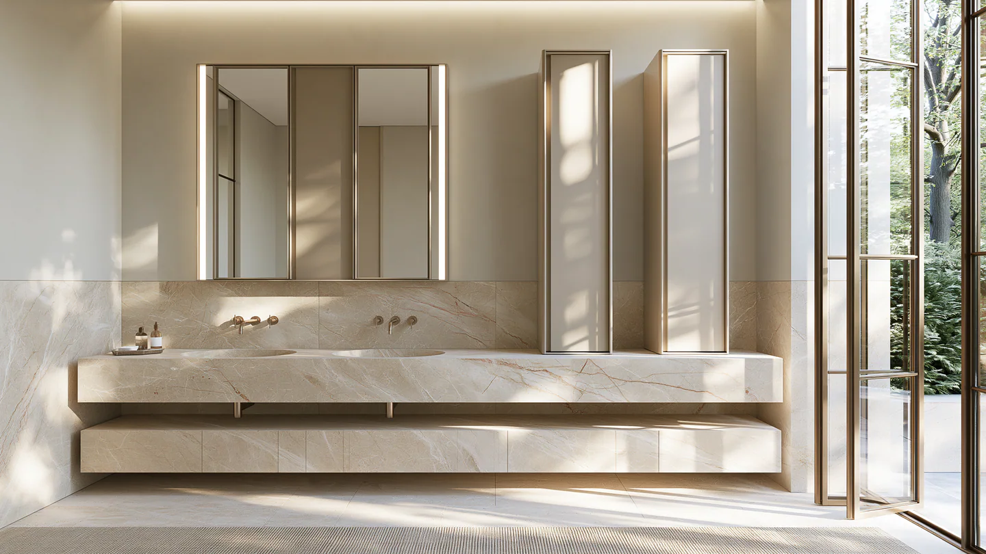 A warm ivory floating sintered stone bathroom vanity, shown as a wide room view