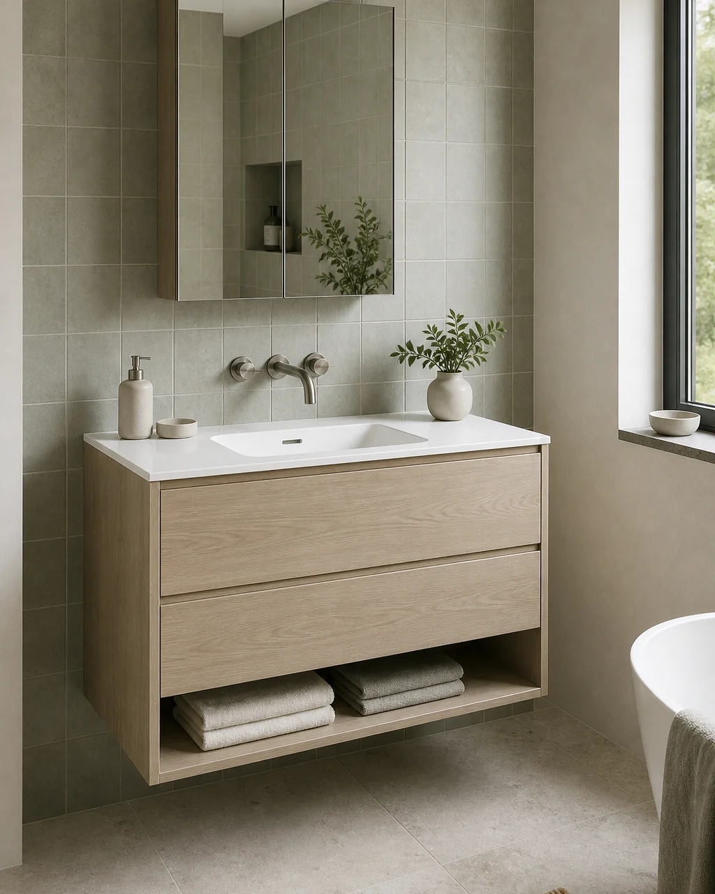 Pale oak wall mounted bathroom vanity with flat grain matched drawers and an open towel shelf