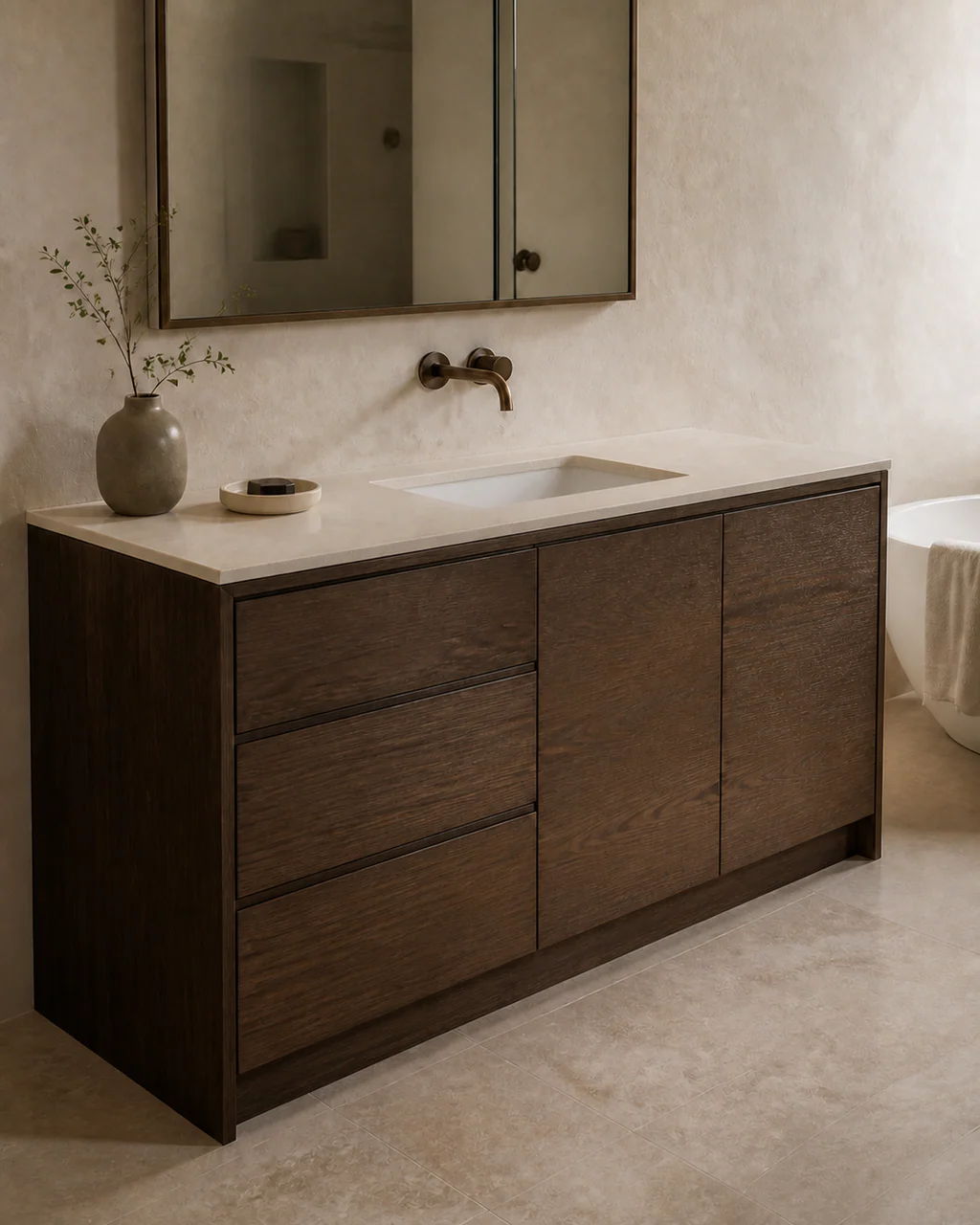 Smoked oak floor standing bathroom vanity with grain matched flat fronts and a recessed plinth