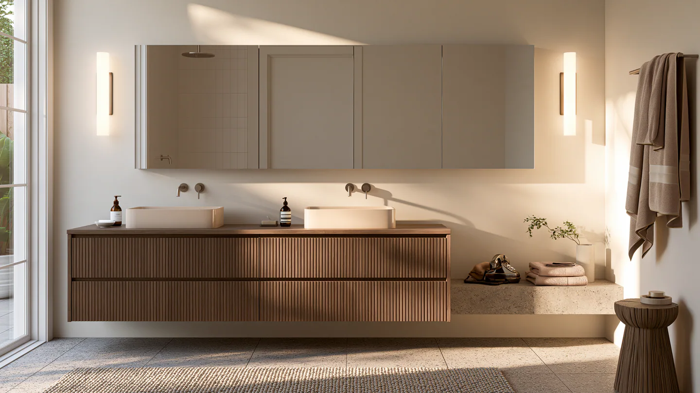 A warm fluted wood bathroom vanity, shown as a wide room view