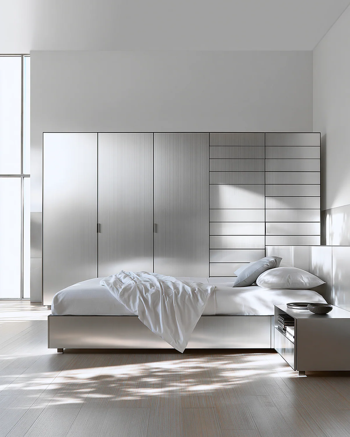 Pale grey aluminum bedroom cabinetry, shown as an associated cabinet detail