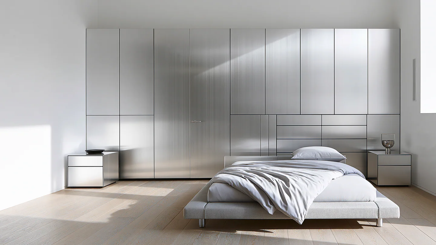 Pale grey aluminum bedroom cabinetry, shown as a wide room view