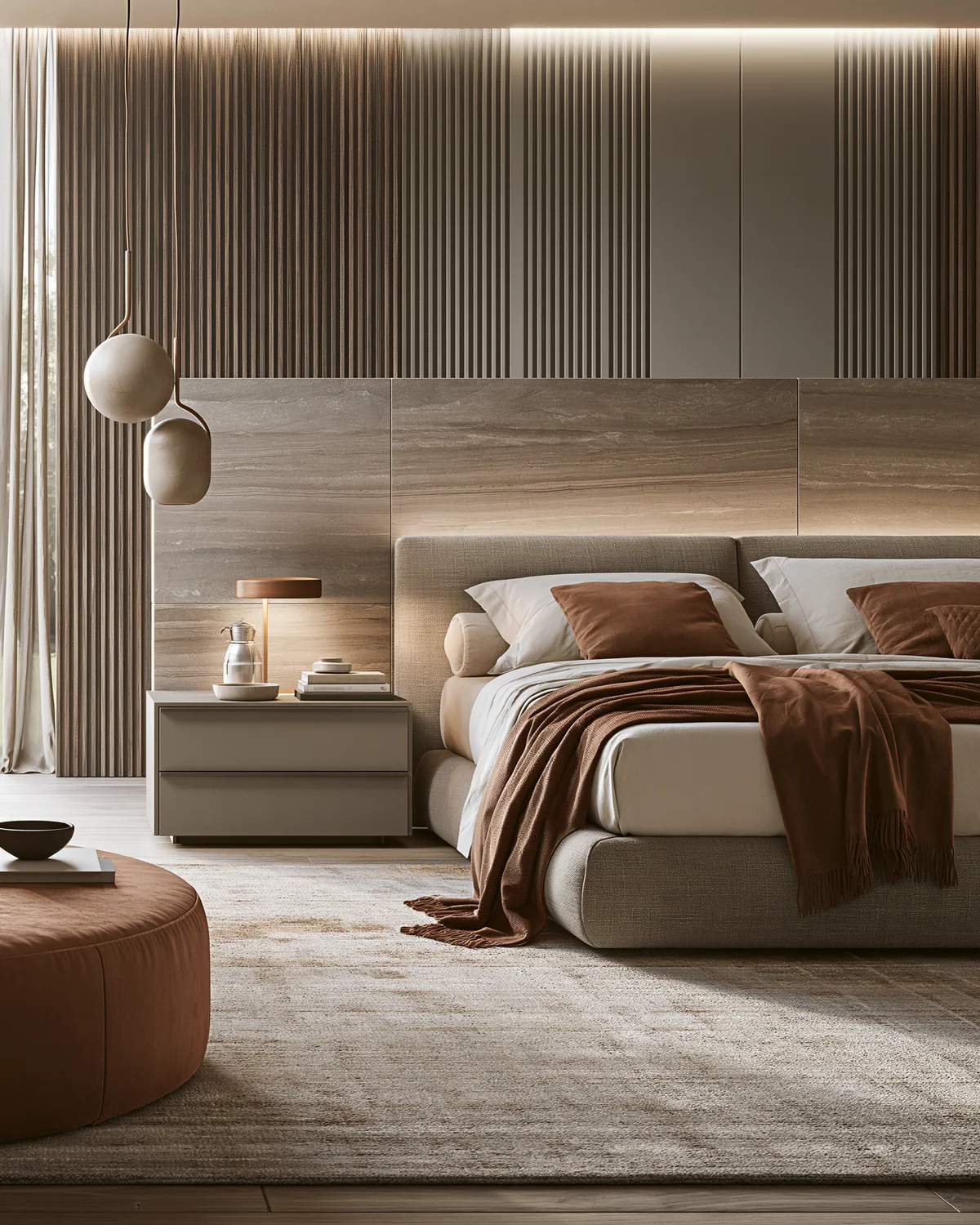 Linear sintered stone headboard and bedroom storage, shown as an associated cabinet detail