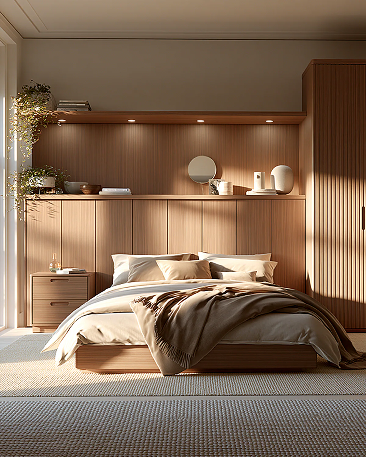 Integrated wood headboard and bedroom storage, shown as an associated cabinet detail