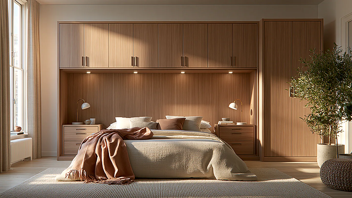 Integrated wood headboard and bedroom storage, shown as a wide room view