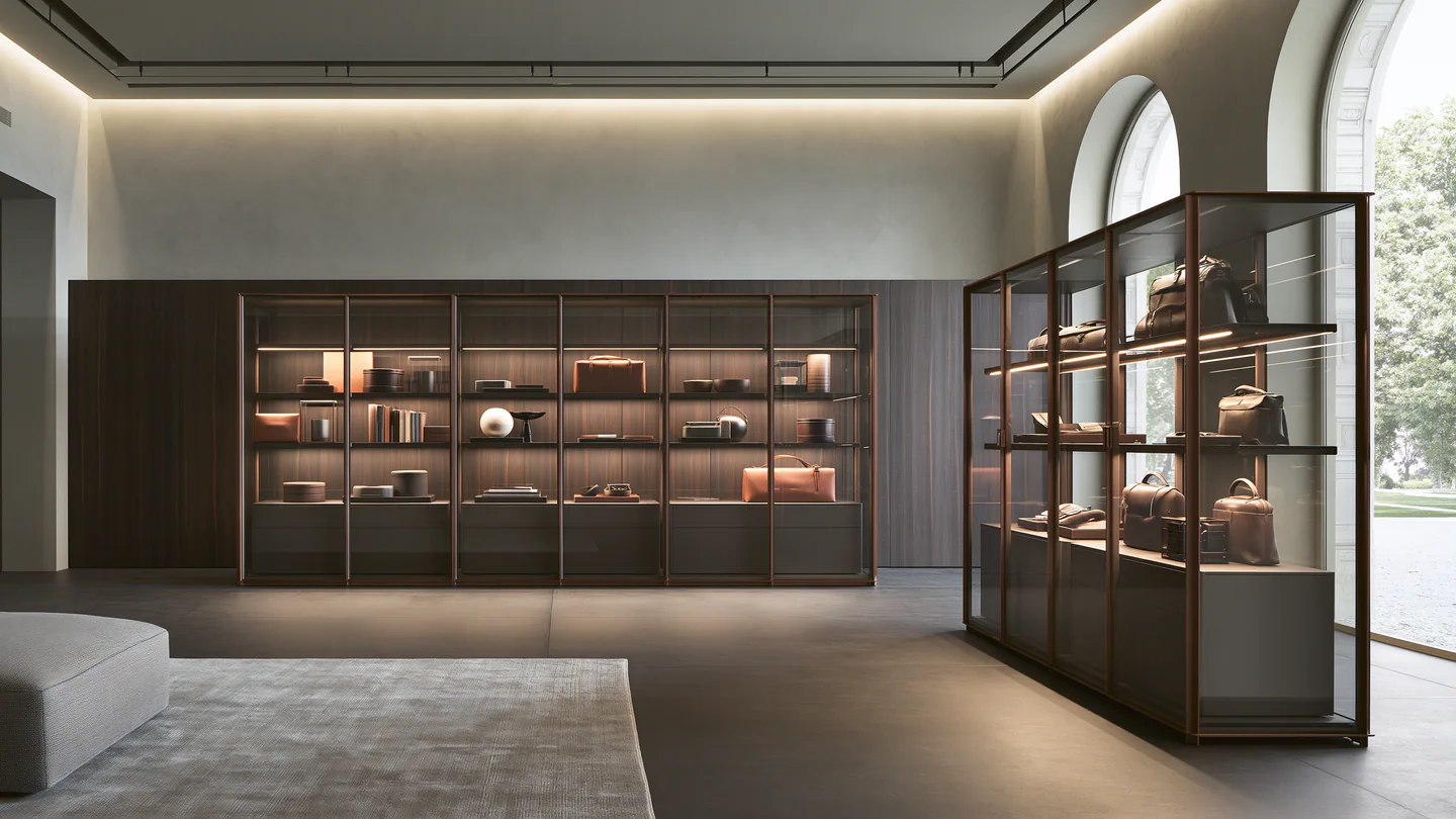 A bronze aluminum residential display vitrine, shown as a wide room view