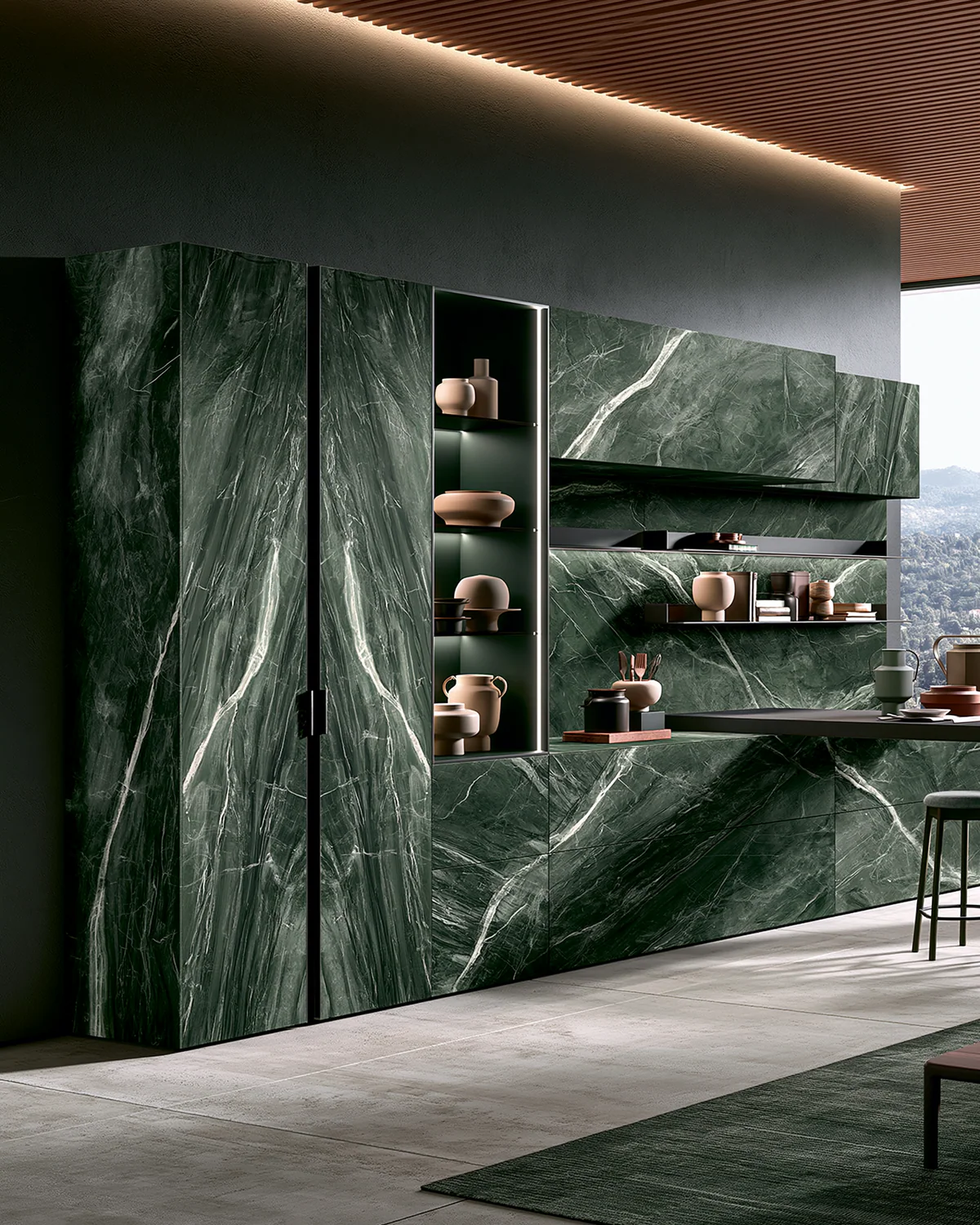 A dramatic sintered stone display cabinet, shown as an associated cabinet detail