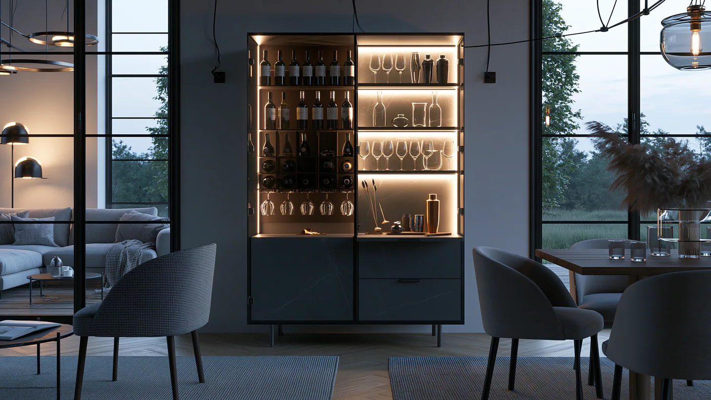 A grey mineral sintered stone bar vitrine, shown as a wide room view