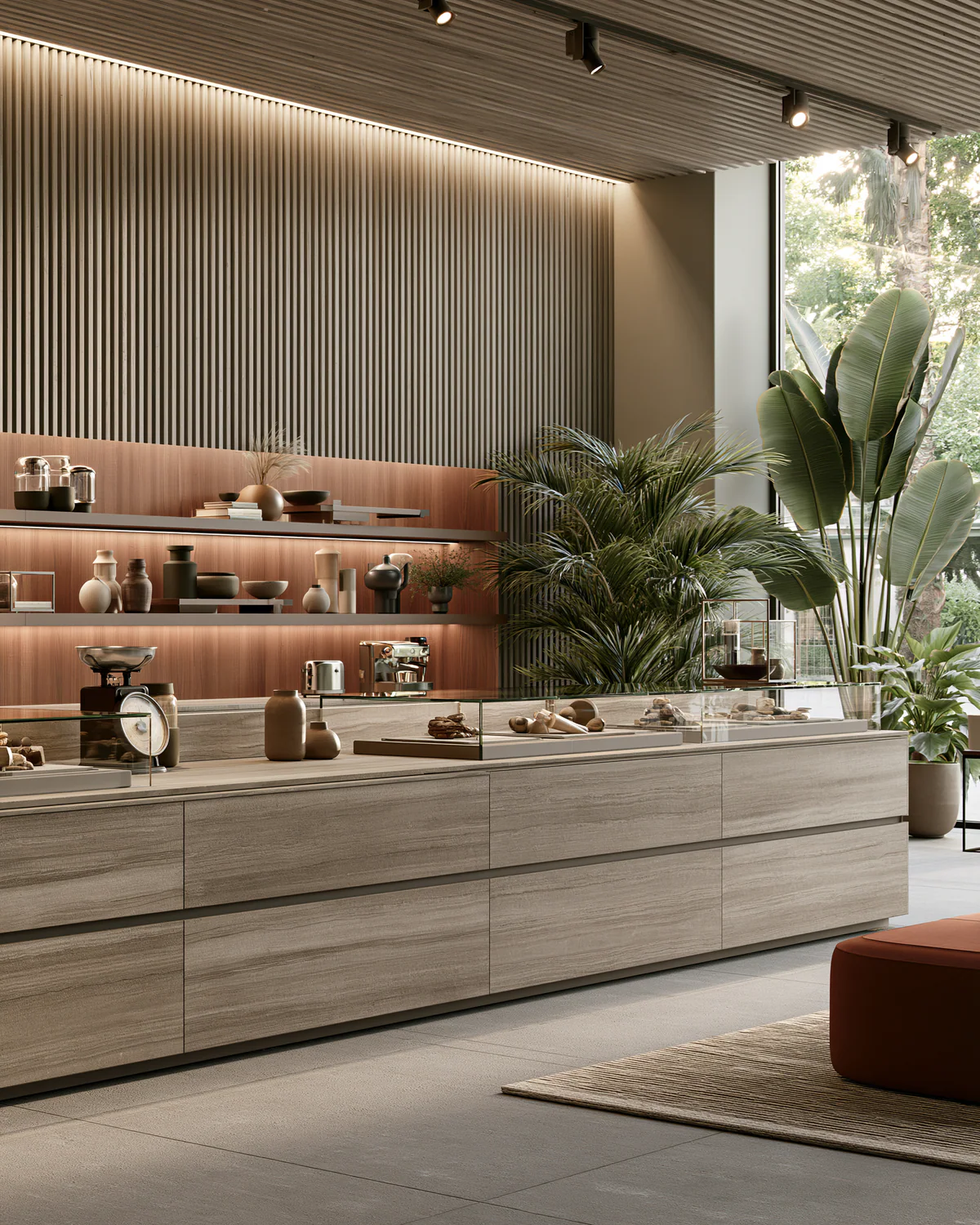 A linear sintered stone retail showcase, shown as an associated cabinet detail