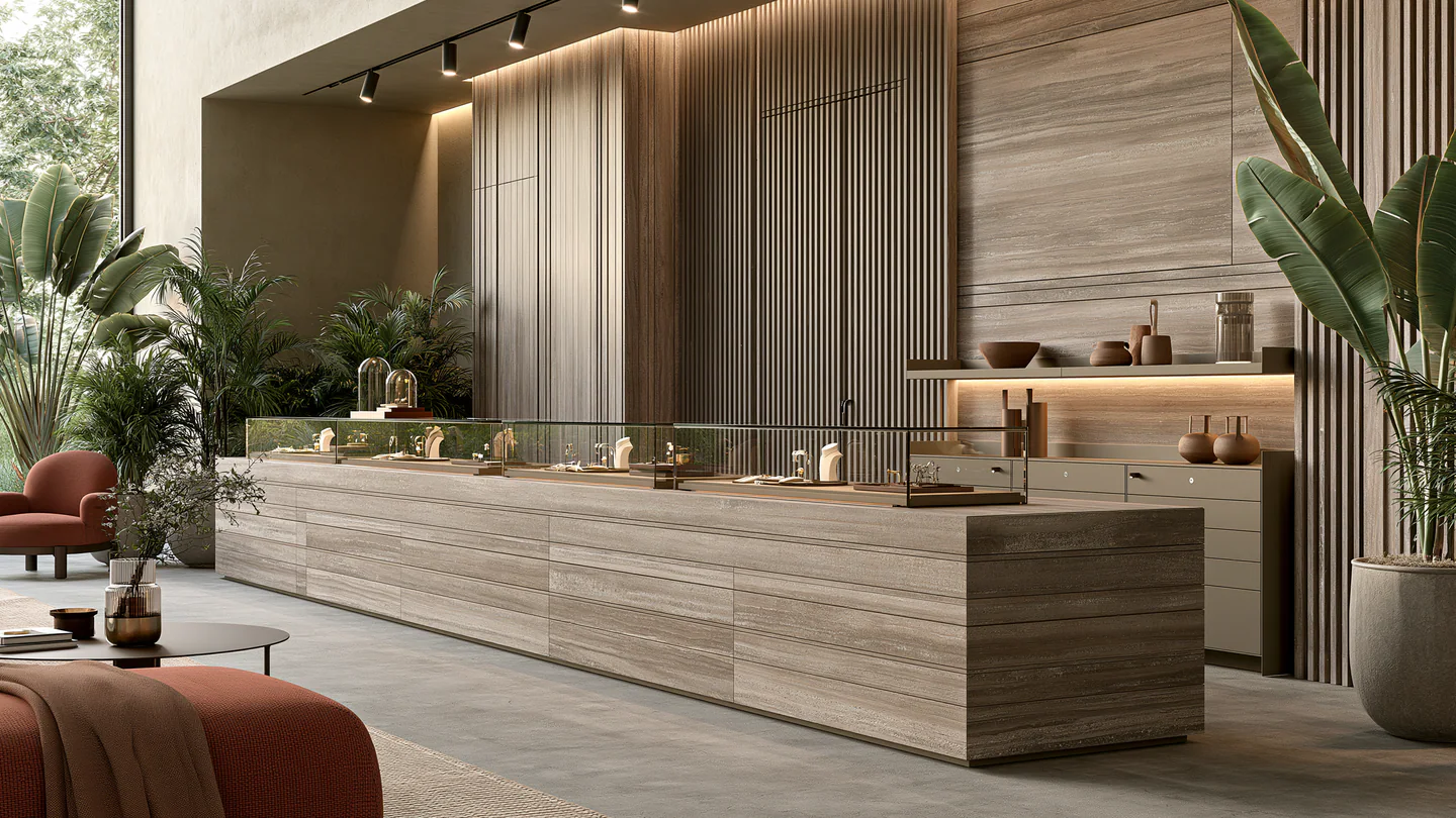 A linear sintered stone retail showcase, shown as a wide room view