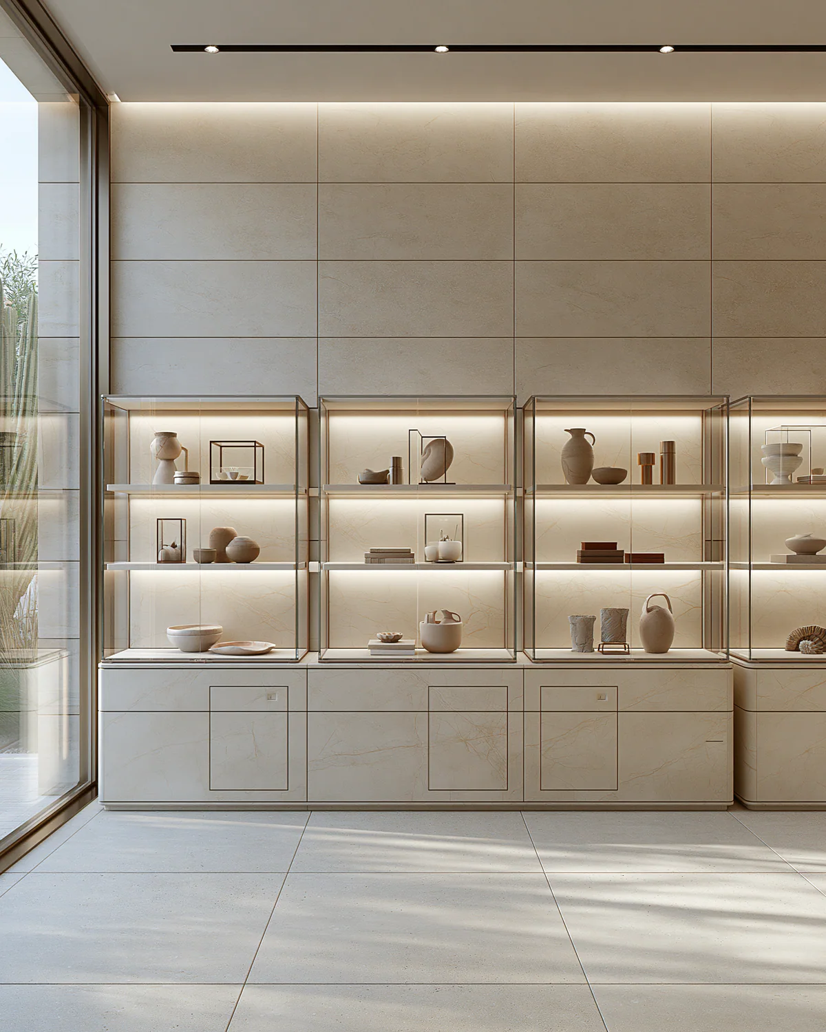 A warm white sintered stone museum-style vitrine, shown as an associated cabinet detail
