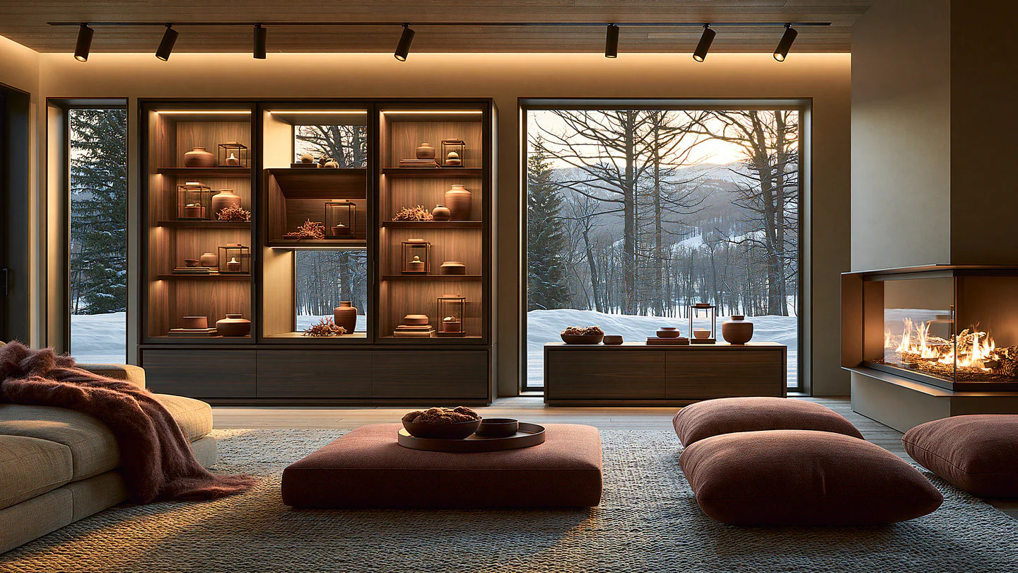 A sculptural wood display cabinet, shown as a wide room view