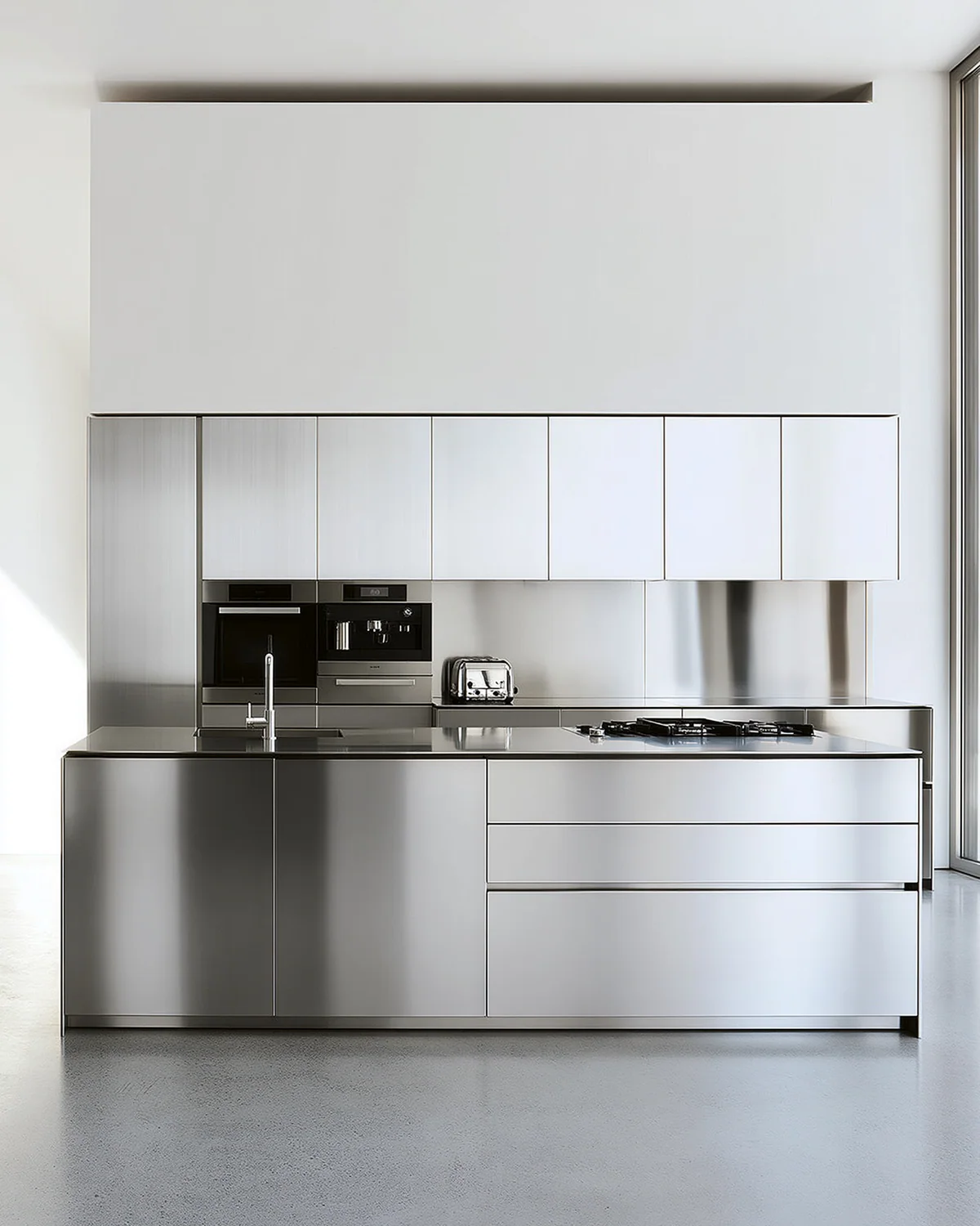 A cold silver aluminum architectural kitchen, shown as an associated cabinet detail