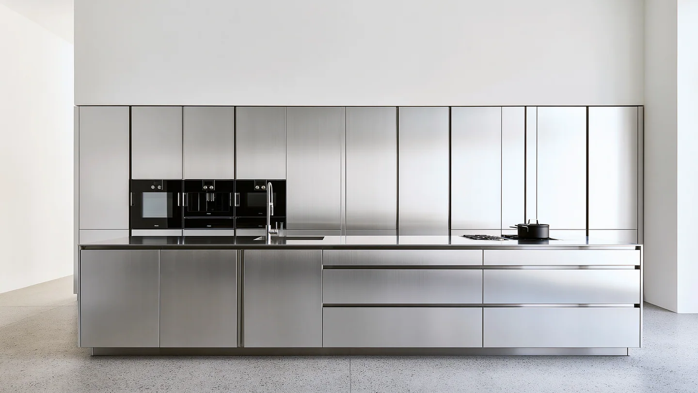 A cold silver aluminum architectural kitchen, shown as a wide room view