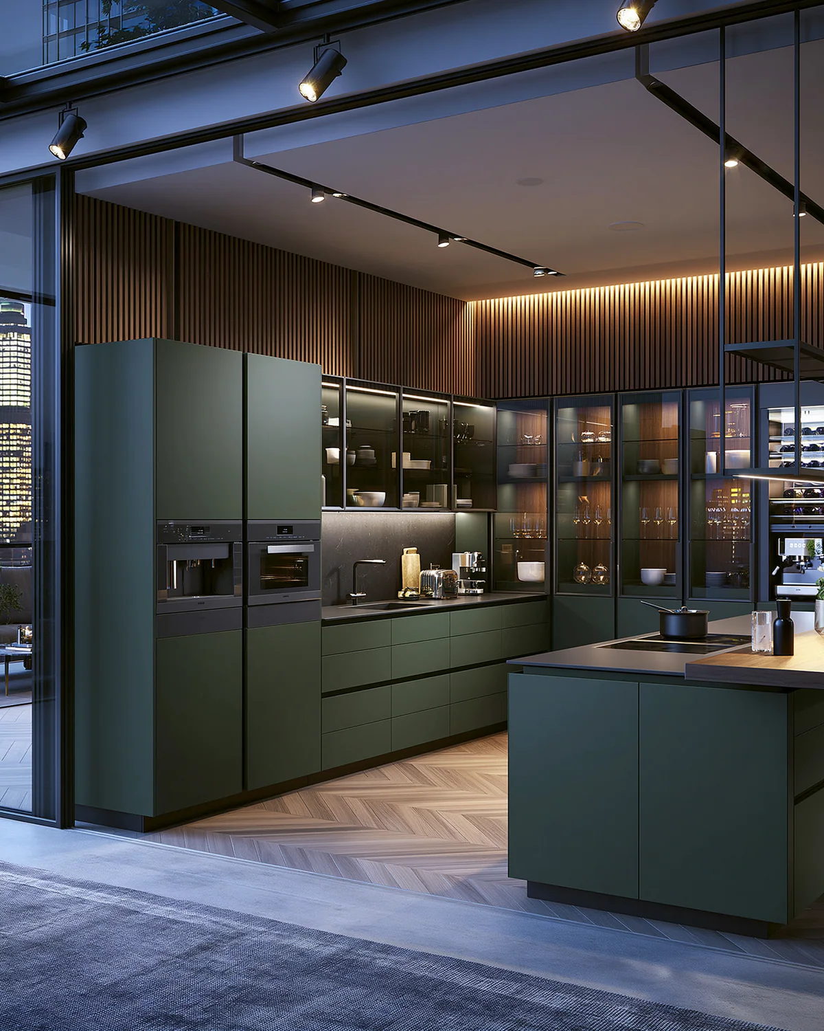A deep olive aluminum urban kitchen, shown as an associated cabinet detail