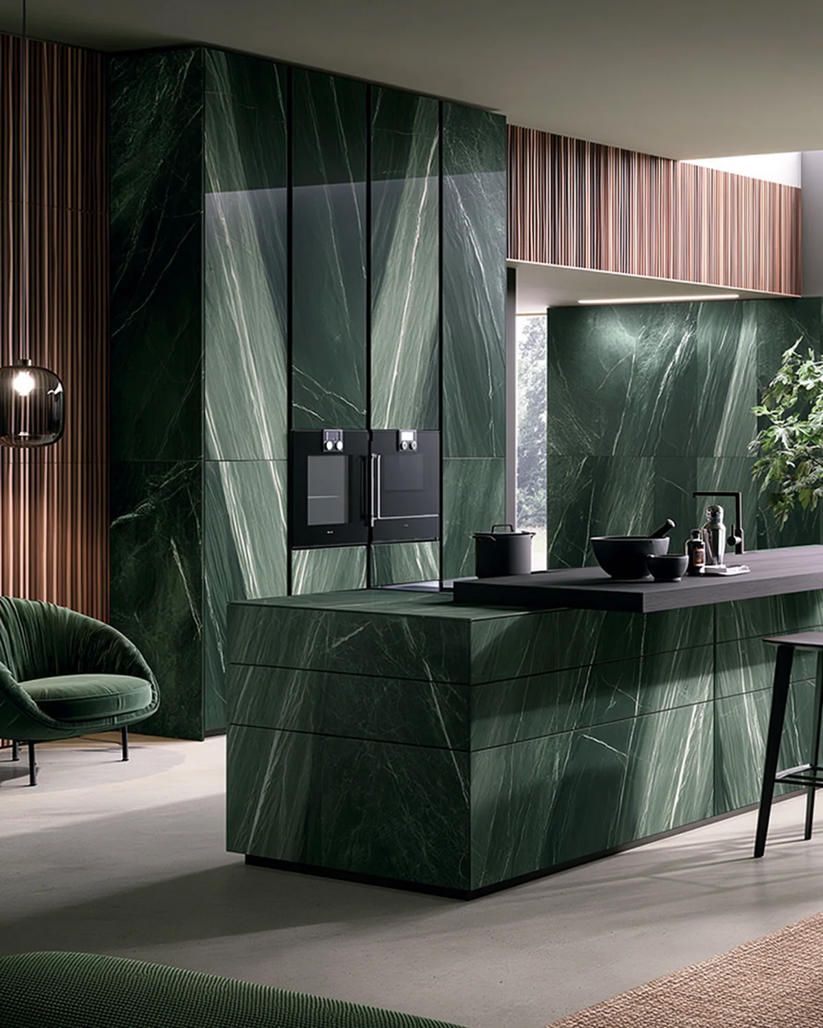 A deep green sintered stone kitchen, shown as an associated cabinet detail