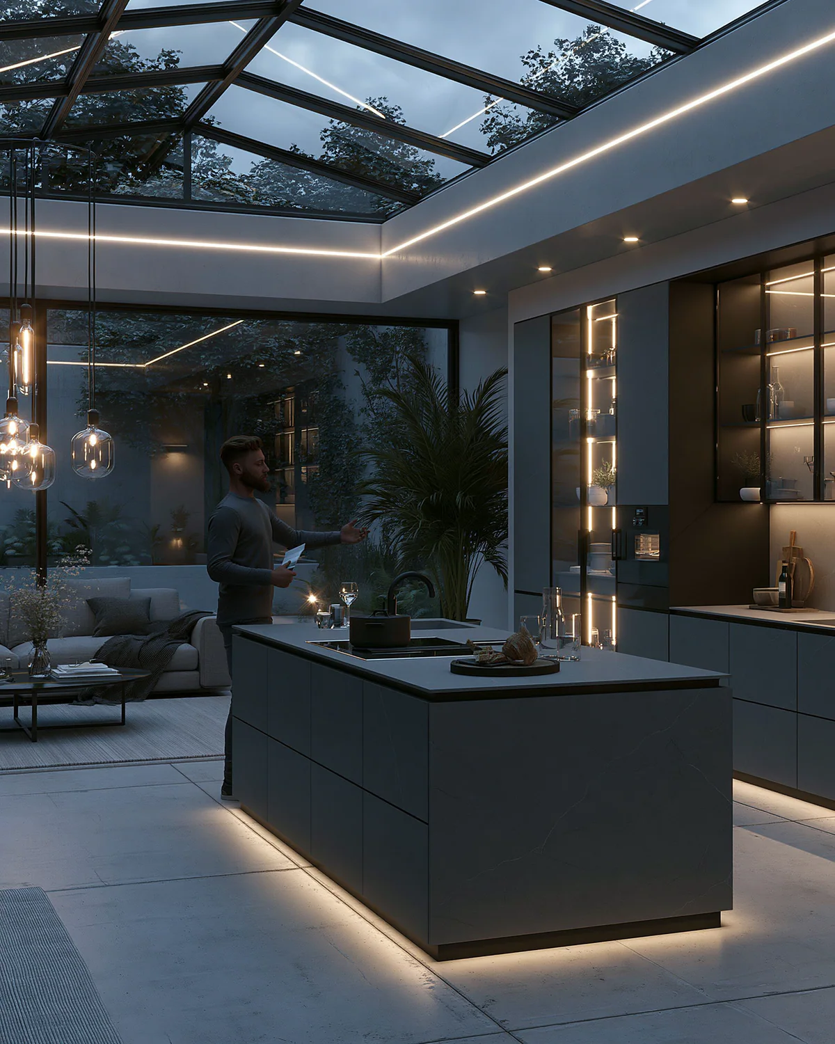 A grey mineral sintered stone gallery kitchen, shown as an associated cabinet detail