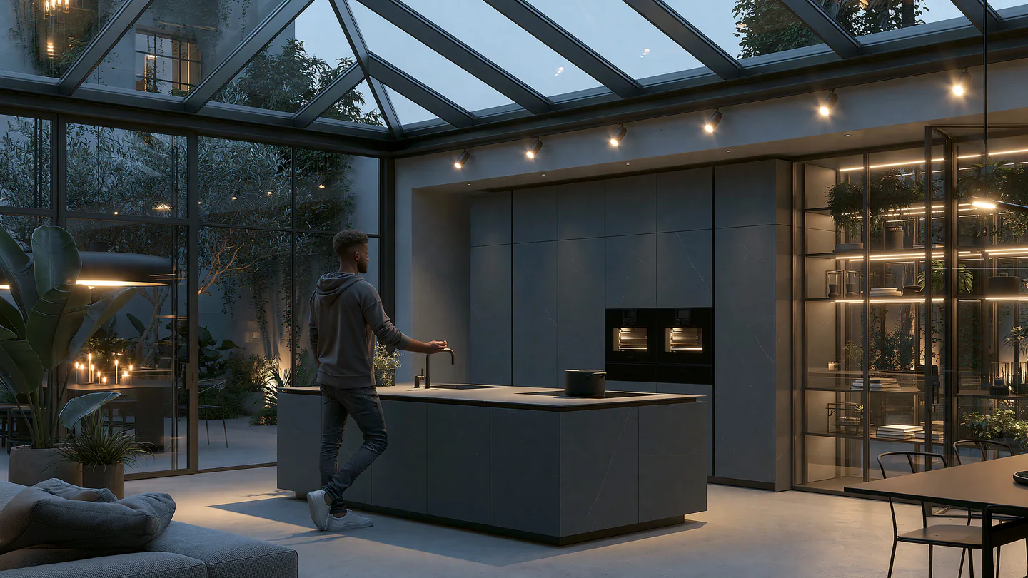 A grey mineral sintered stone gallery kitchen, shown as a wide room view
