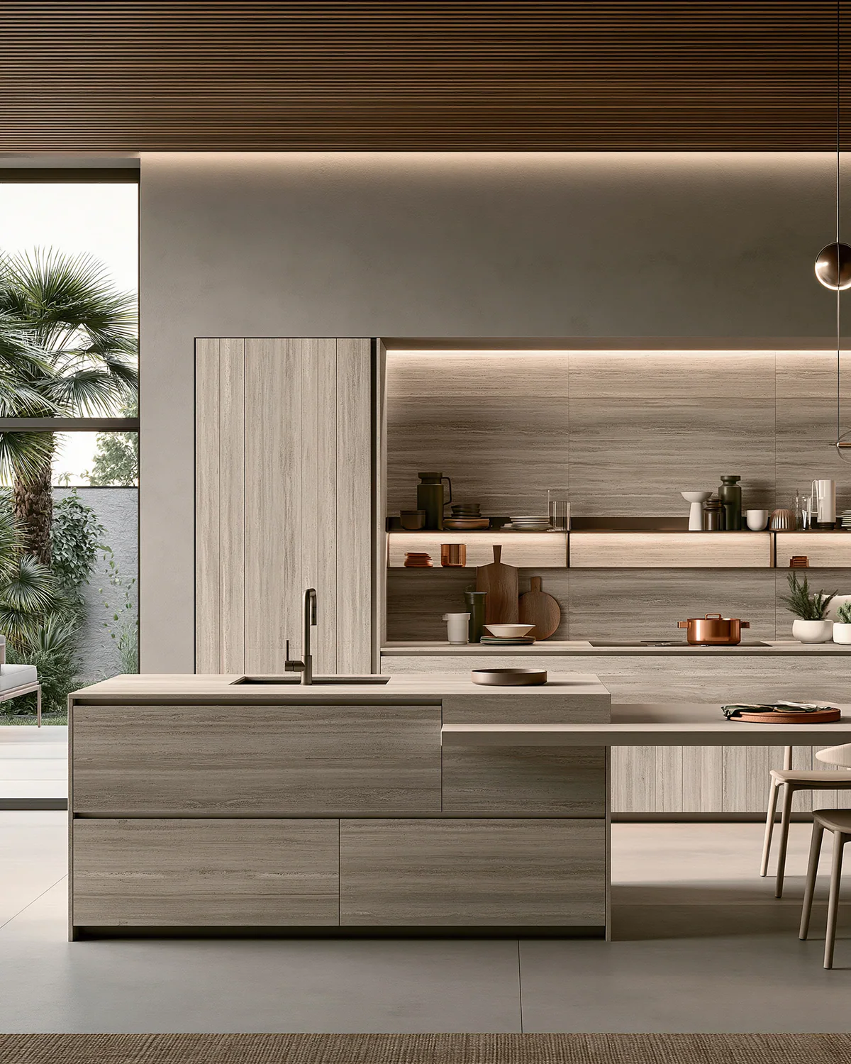 A linear travertine-look sintered stone kitchen, shown as an associated cabinet detail