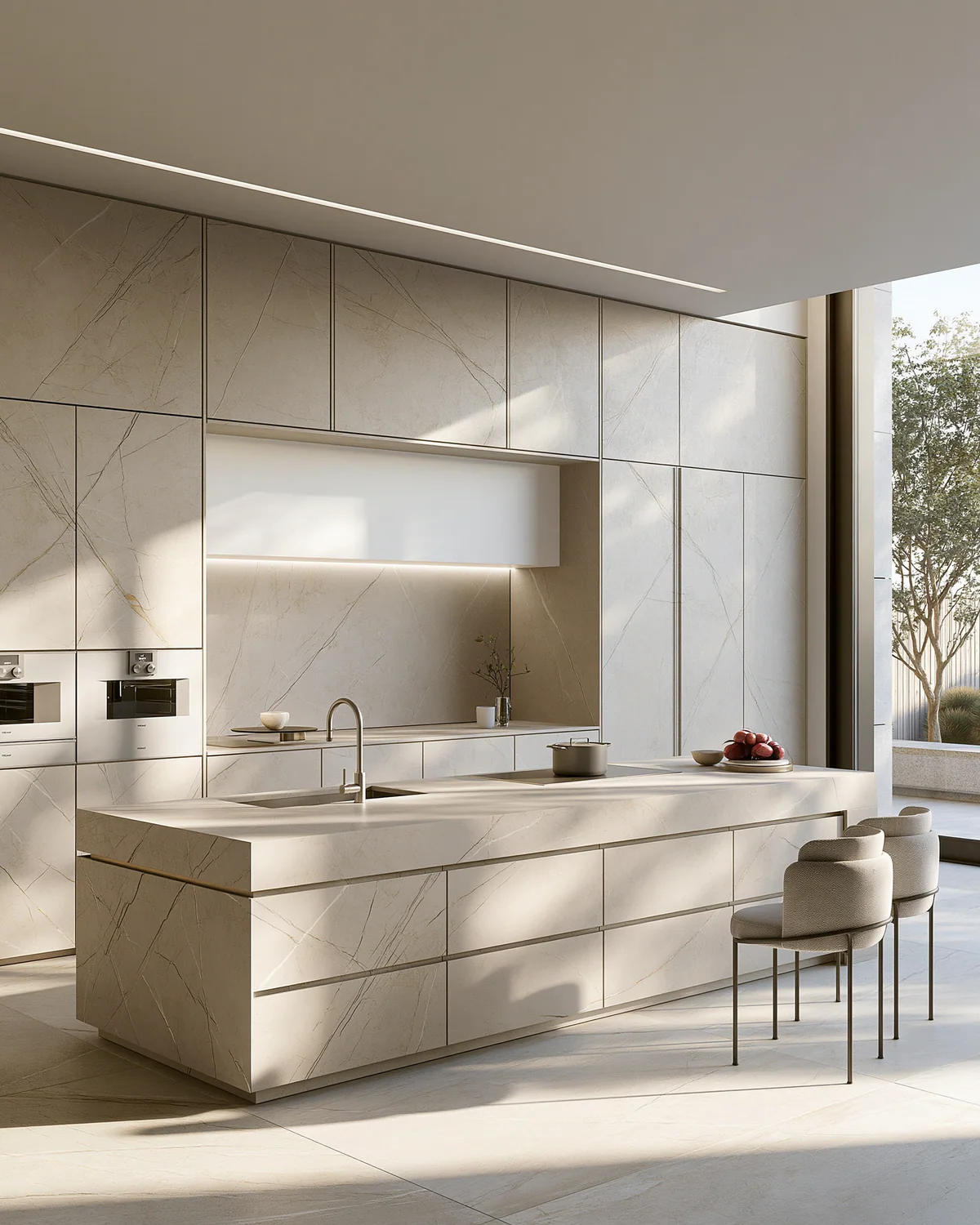A warm ivory sintered stone kitchen, shown as an associated cabinet detail