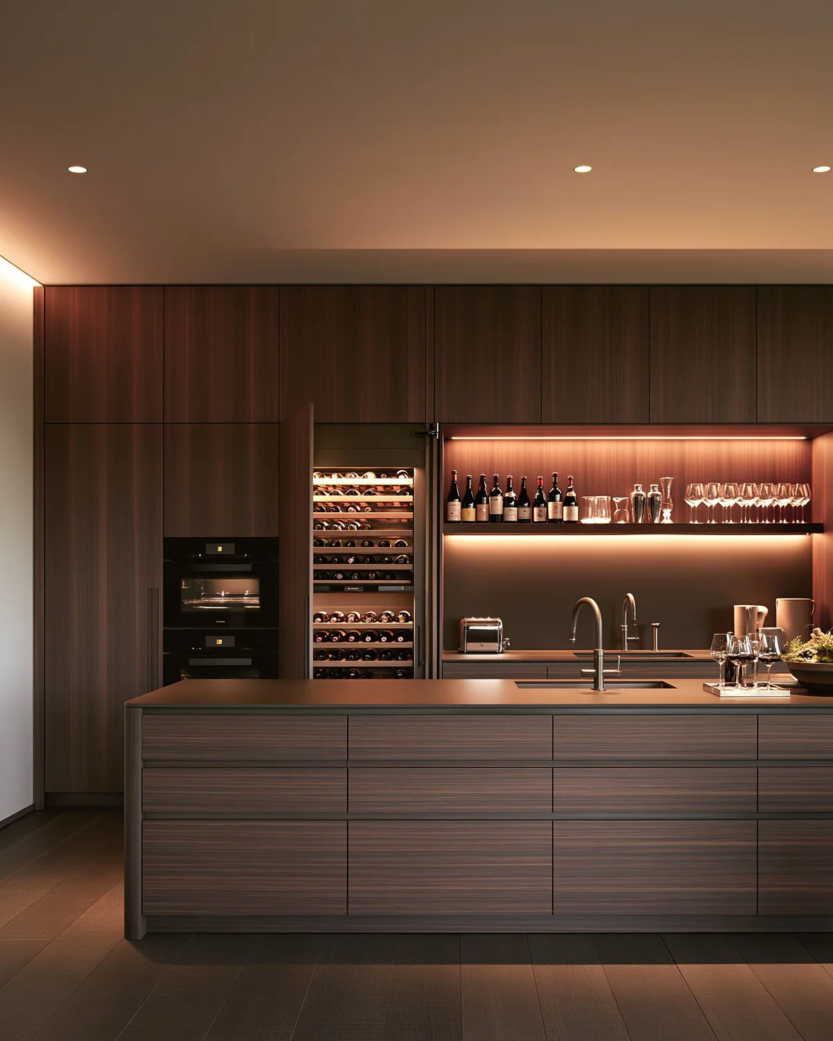 A deep toned refined wood kitchen, shown as an associated cabinet detail