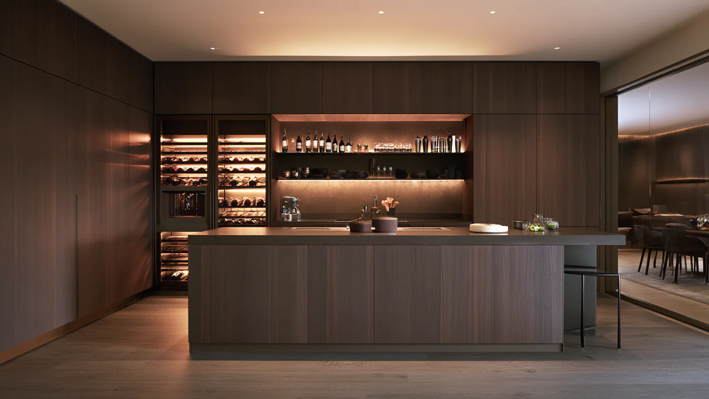 A deep toned refined wood kitchen, shown as a wide room view