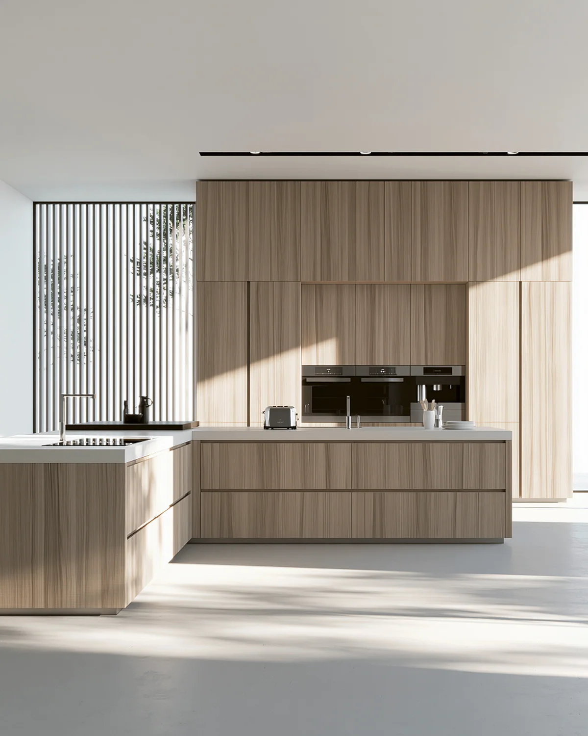 A pale linear wood kitchen, shown as an associated cabinet detail
