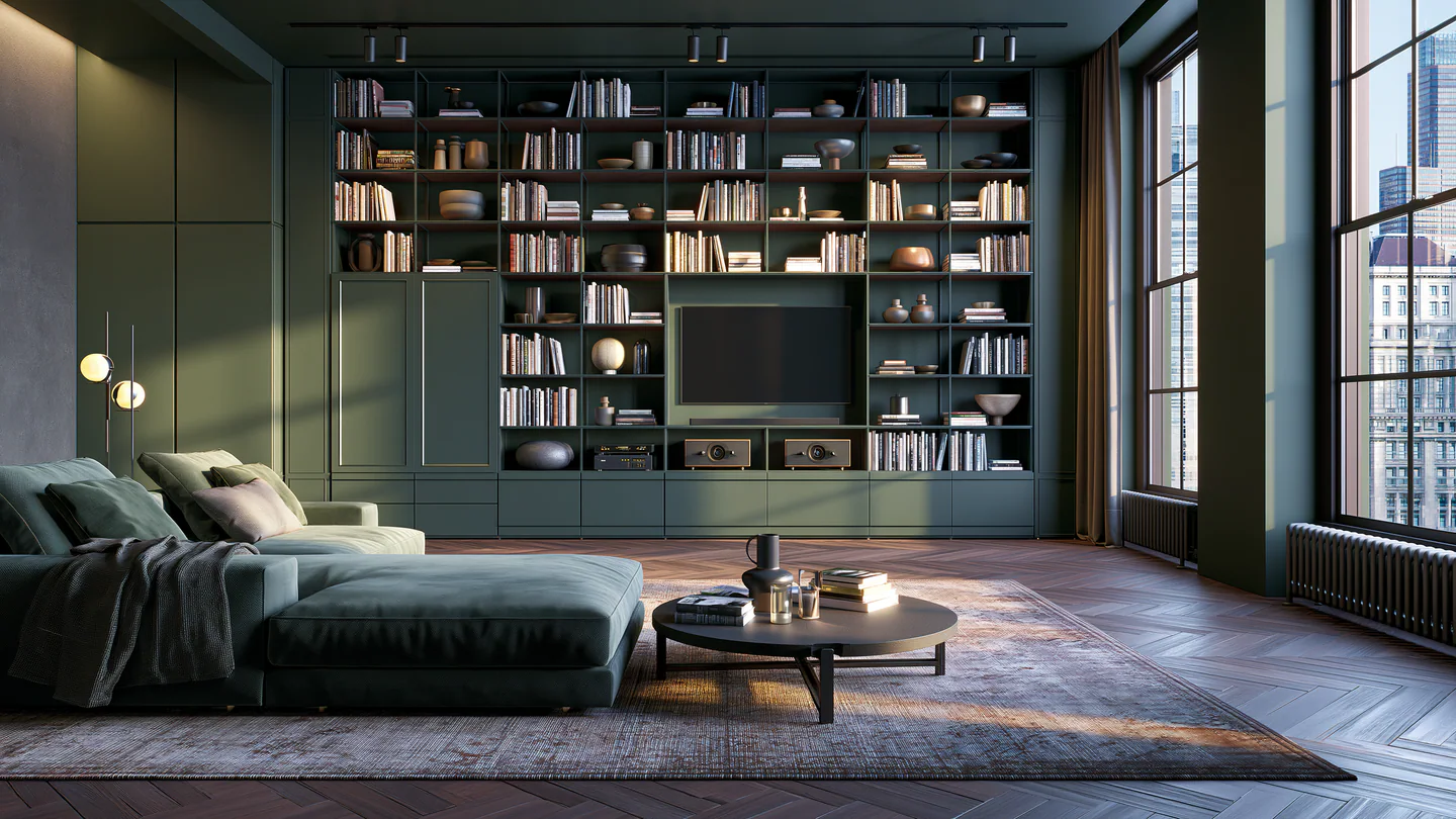 A graphite aluminum media wall and library, shown as a wide room view