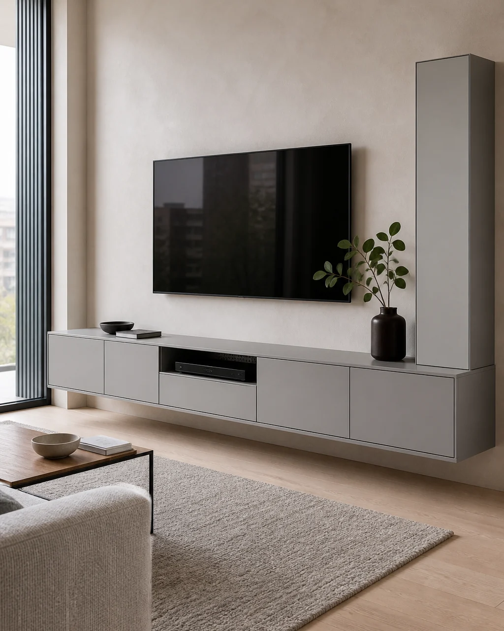 Soft silver powder coated aluminum media console with a matching tall cabinet in a contemporary living room