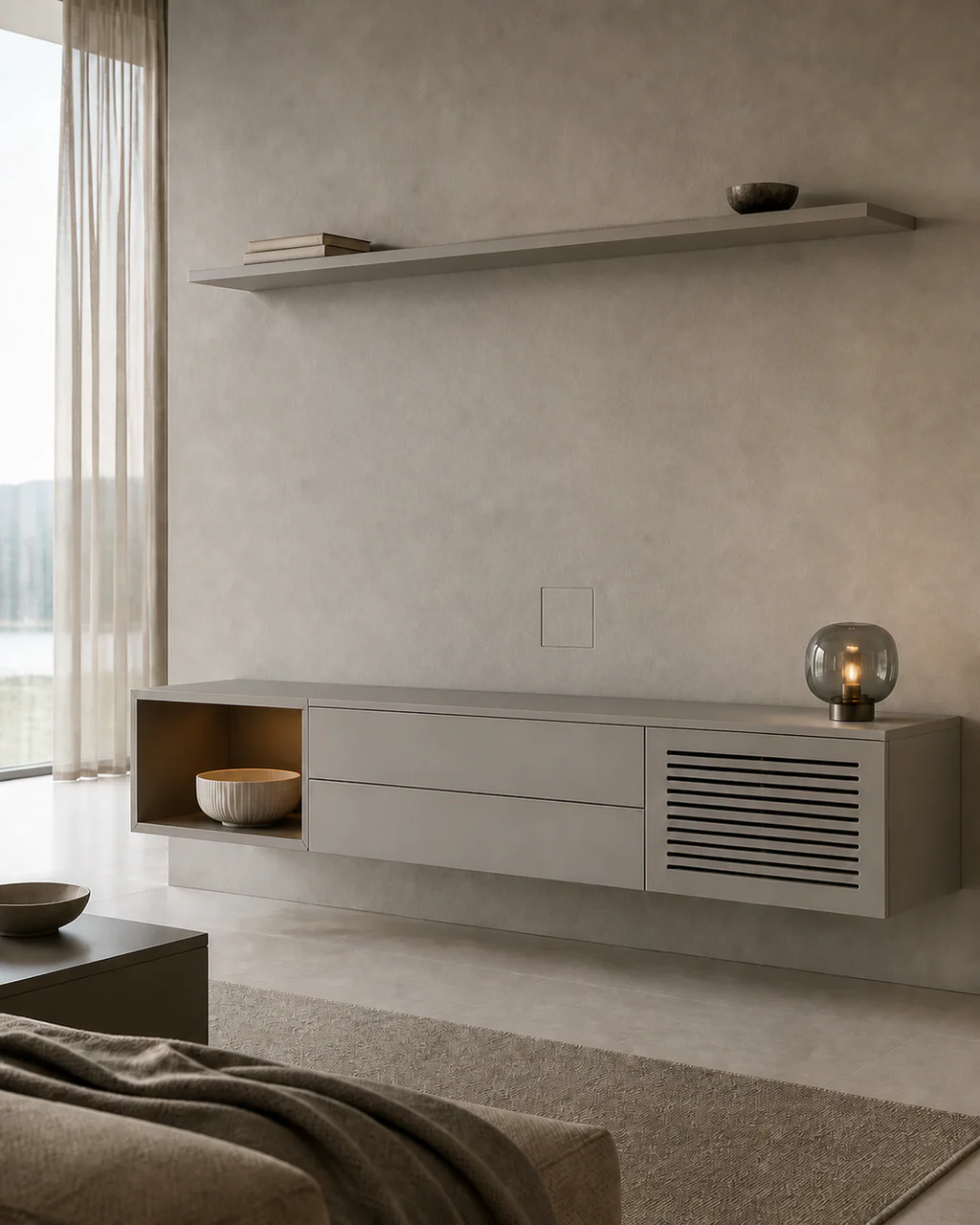 Warm grey powder coated aluminum sideboard with an asymmetric display niche and ventilated media storage