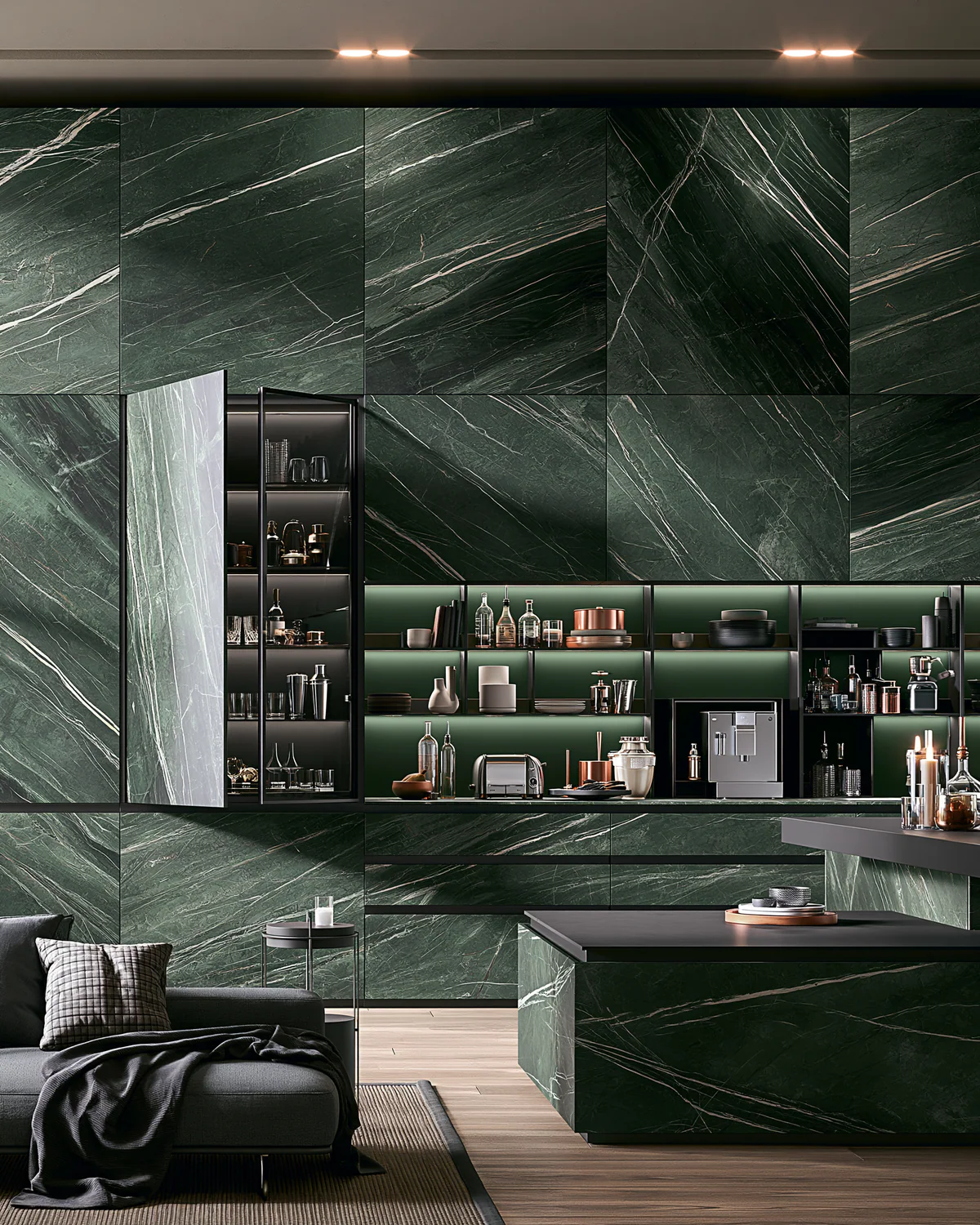 A dark sintered stone living room bar wall, shown as an associated cabinet detail