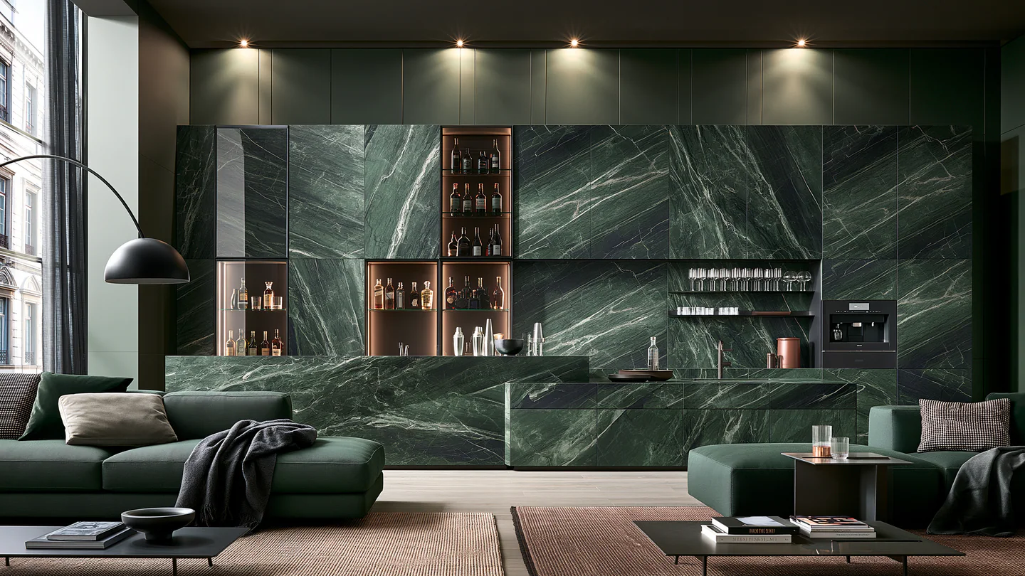A dark sintered stone living room bar wall, shown as a wide room view