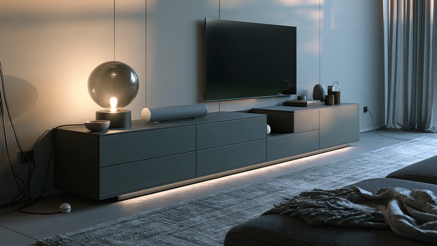 A grey mineral sintered stone sideboard, shown as a wide room view