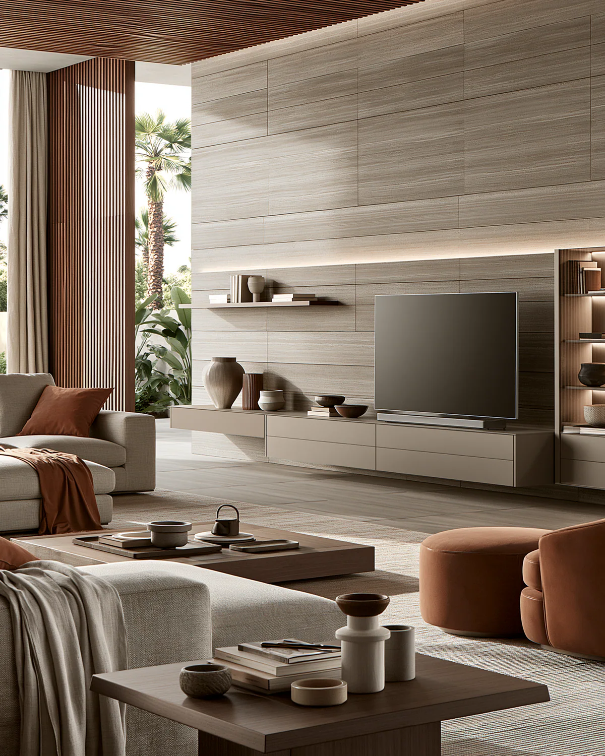 A linear sintered stone living room media wall, shown as an associated cabinet detail