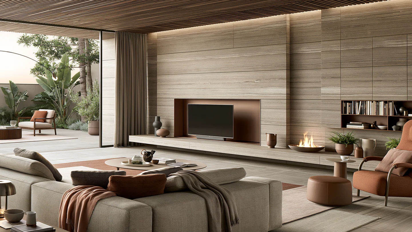 A linear sintered stone living room media wall, shown as a wide room view