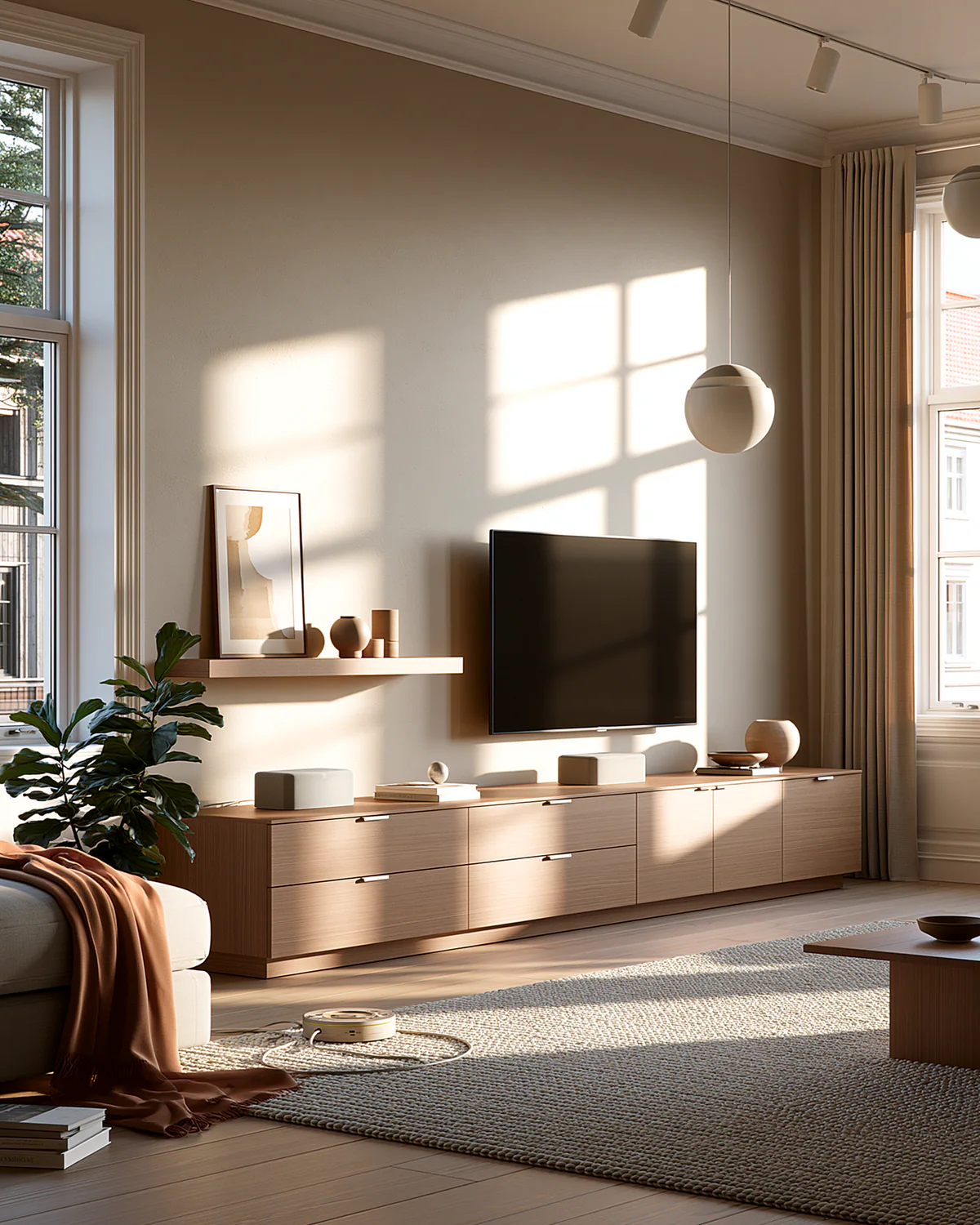 A warm wood living room media wall, shown as an associated cabinet detail