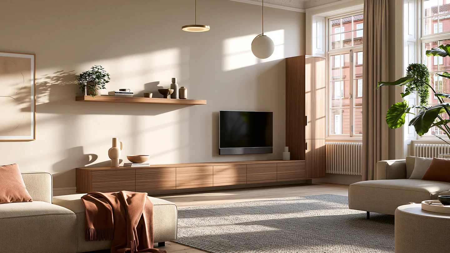 A warm wood living room media wall, shown as a wide room view