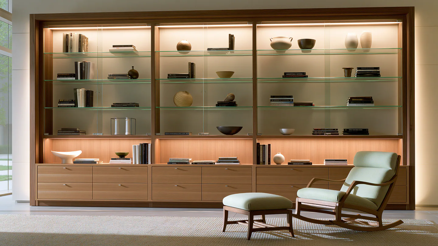 A wood and glass living room library wall, shown as a wide room view
