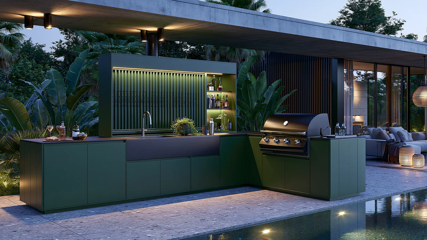 A graphite aluminum poolside outdoor kitchen, shown as a wide room view