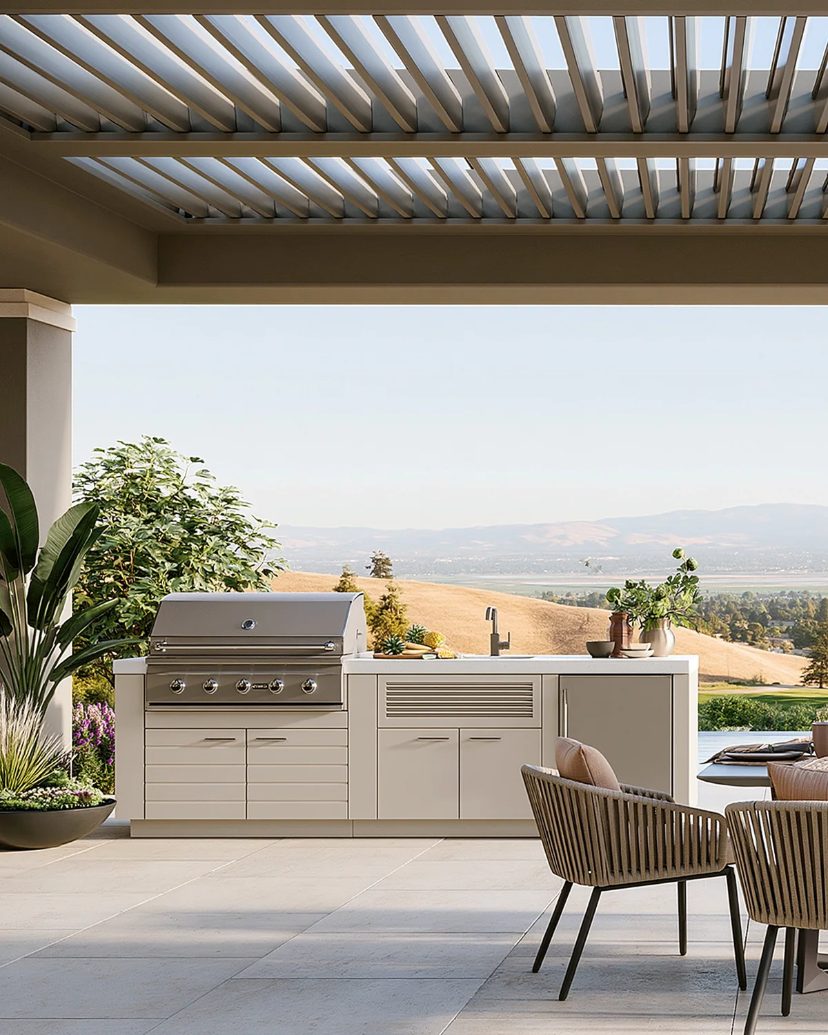 A sand beige modular aluminum outdoor kitchen, shown as an associated cabinet detail