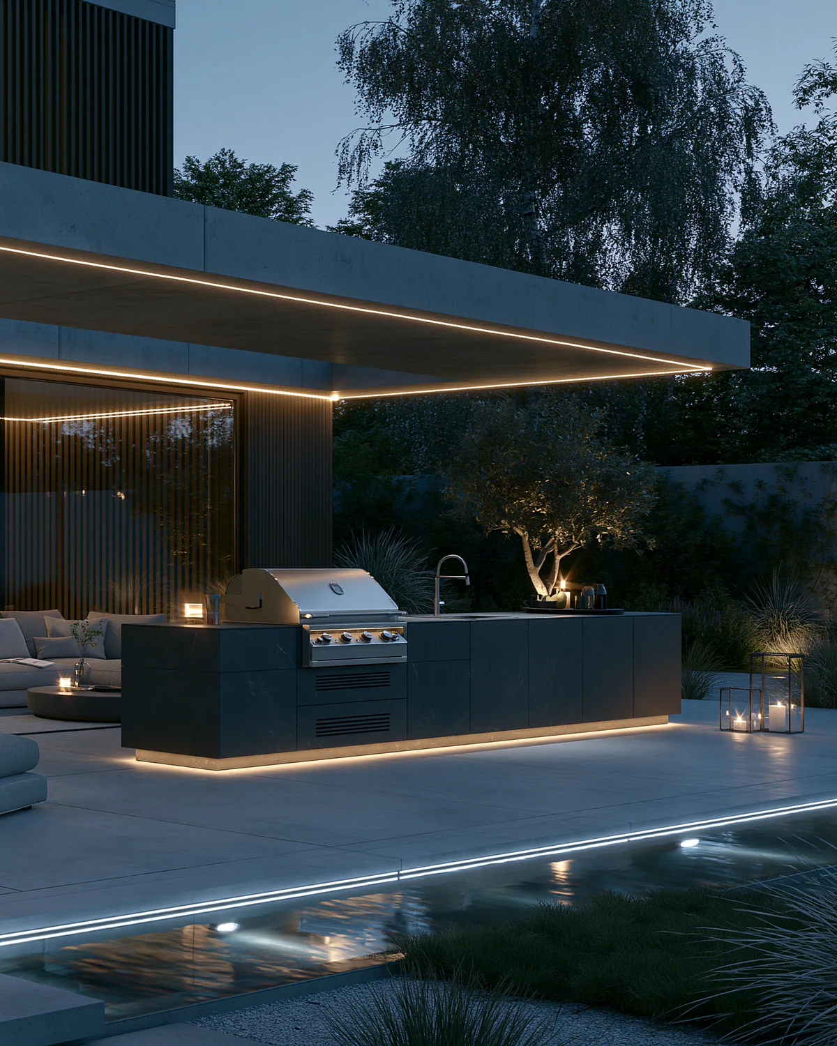 A charcoal sintered stone poolside outdoor kitchen, shown as an associated cabinet detail