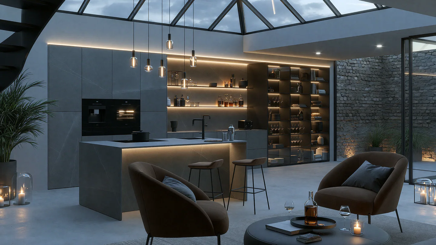 Charcoal sintered stone kitchen in a glazed courtyard setting, shown as a wide room view
